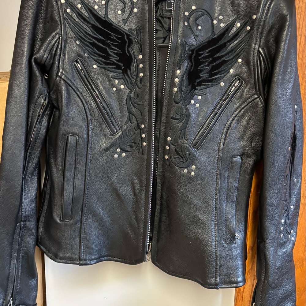 Women's Black Leather Jacket with Wing Design